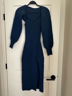 Blue Knit Midi Dress with Detached Shrug